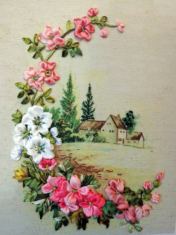 Embroidered picture landscape Silk ribbon embroidery flowers