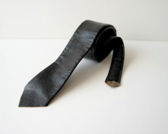 Vintage Black Leather Skinny Tie, Leather Necktie, 1980s