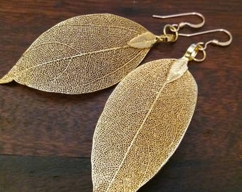 Real leaf earrings, 22 K gold leaf earrings, gold dipped leaves, natural jewelry, woodland jewelry, wedding jewelry, gift for girlfriend