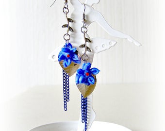 Flower Earrings blue glass hand-spun leaves Branches chains Silver Blue stainless steel