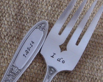 Vintage Antique Upcycled I Do & Me too Mr./Mrs. DATE ON HANDLES Wedding or Anniversary Silver plated Hand Stamped Cake Dessert Fork Set