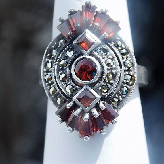 Garnet Ring / Marcasite / Art Deco Revival / Sterling Silver / January Birthstone
