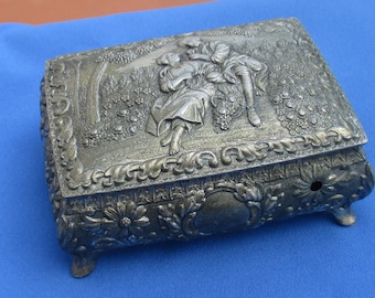 Vintage Metal Jewelry Casket Japan Romantic Scene TLC