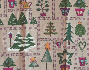 CHRISTMAS PRINT, Folk Art Trees on Tan, Quilting Cotton or Craft Fabric, Medium Wt, B11