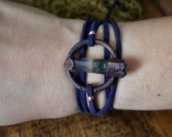 Garden Quartz Copper Wrap Bracelet | Choker | Lodolite Electroformed Copper with Vegan Navy Suede