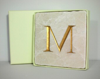 Hand Carved Gold 'M' Letter in Stone Wall Tile. Letter Carving. Wall Hanging. Decorative Arts
