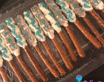 12 Baby Shower chocolate Pretzel rods, Welcome Baby, Shower gifts