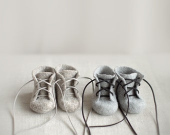 Newborn booties for twins Two pairs natural organic wool boots Felted unisex eco friendly greyish brown grey shoes made by Vaida Petreikis