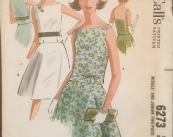 1960's Sleeveless Two-Piece Dress Vintage Sewing Pattern McCall's 6273 Bust 34