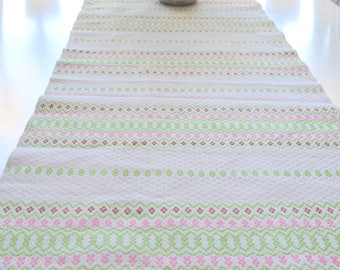 Large table runner, woven pastel stripes, vintage Swedish linen / flax home decor, Green and Pink farmhouse tablerunner