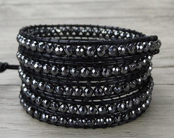 Hematite bead bracelet black wrap bracelet metalic bead bracelet boho wrap bracelet yoga bead bracelet leather wrap bracelet Jewelry SL-0267