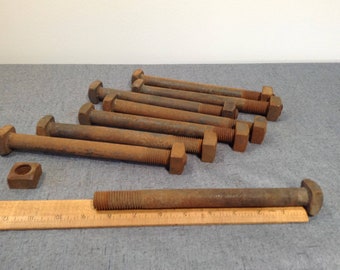 8 Rusty Vintage Nuts and Bolts, 8 1/2" Industrial Bolts, Salvaged Hardware Supply, Steampunk, Assemblage, Woodworking Supply, New Old Stock