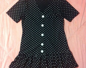 90s Vintage Black Polka Dot Dress, Vintage Black White Polka Dot Dress, Vintage Polka Dot Dress, Vintage Black Dress