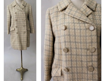 1970 ecru & grey tweed Coat double breasted coat medium