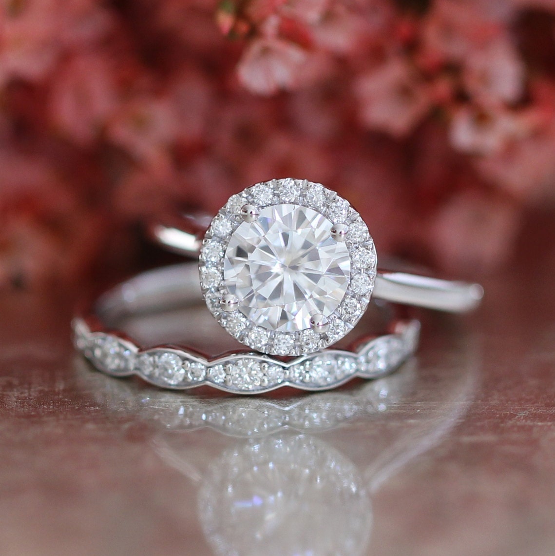 Forever One Moissanite Engagement Ring and Scalloped Diamond