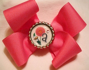 Dark Pink Boutique Hairbow with Initial Bottlecap Center