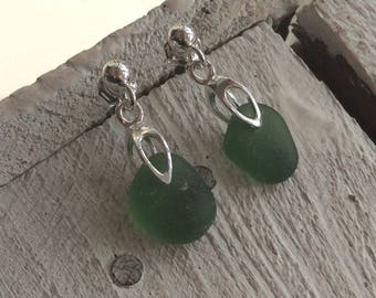 Sea Glass Earrings, Green Sea Glass, Sterling silver ear posts, Seaham Sea glass, English Sea glass, Sea glass jewellery