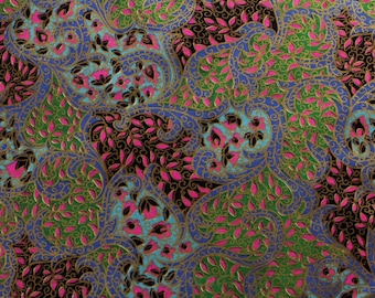 1960s Opium Den Print Fabric - Over 4 Yards x 44 Inches Wide - 60s Screen Print Cotton Yardage - Turquoise Blue Pink Green Gold - 50682