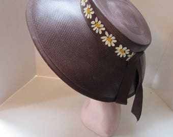 Vintage Straw Hat Chocolate Brown Hat Wide Brim Hat Painted Daisies Ribbon Summer Hat Spring Hat Garden Party Hat Vintage Hats Pierce NY
