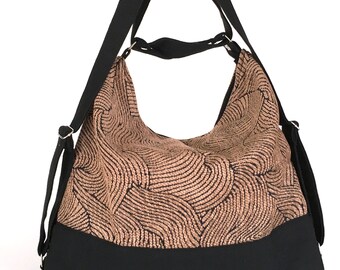 Convertible backpack purse , black and khaki hobo purse , women shoulder bag ,fabric hobo bag , shoulder strap purse , women backpack