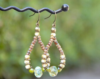 Czech Green Picasso Earrings, Teardrop Earrings, Hoop Earrings