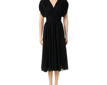 Vintage Black Chiffon Evening Dress with Ruching Detail. Size XS