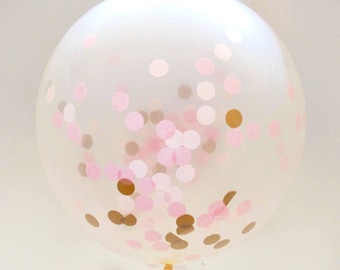 6 balloons transparent pink, white and gold confetti