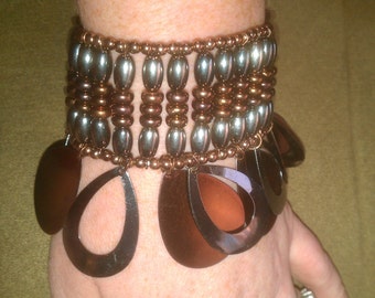 Vintage Analie Copper and Dark Silver Beaded Stretch Bracelet with Metal Dangle Accents