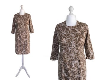 1960's Dress | Brown Vintage Dress | Sheath Dress | UK 14 Dress | Brown Print Dress | Fitted Dress With Front Peplum