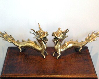 Vintage brass Chinese Dragons, large pair ornaments, oriental art, decorative brass dragons, early to mid 20th century, mythical animals