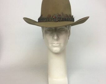 Vintage 1970s Cowboy Hat / High Crown Feather Banded Hippie Rodeo Western Hat / size 7 1/8