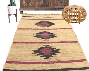 Vintage Woven Jute Rug Southwestern Decor Rustic Rug Native American Style Leather 5 x 8 Area Rug Bohemian Rug Flatweave Style Tribal