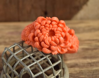 Coral Chrysanthemum Celluloid Flower Bangle Bracelet - 1930's