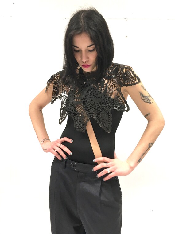 Handmade Crochet LOLA DARLING Shawl Hand dyed and Leather effect Plastic Pearls hand Embroidery One-of-a-kind Luxury Upcycled Made in Italy