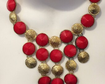 Vintage Textured Goldtone and Red Bib Statement Necklace