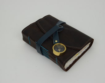Leather Journal - Handmade paper with leather wrap and compass