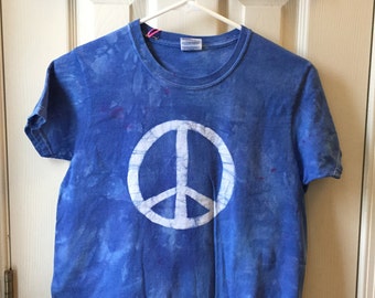 Peace Sign Shirt, Blue Peace Shirt, Womens Peace Sign Shirt, Ladies Peace Sign Shirt, Batik Peace Sign Shirt (Ladies S)