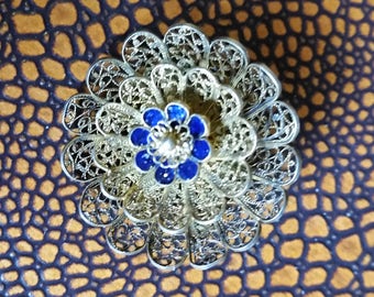 Vintage Silver Filigree and Enamel Flower Brooch