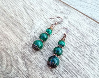 Czarina- Genuine Malachite & Copper Stacked Gemstone Bead Earrings
