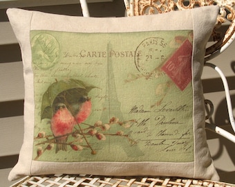 French Carte Postale Bird Pillow Cottage Decorative Throw Pillow Cover, Shabby Chic