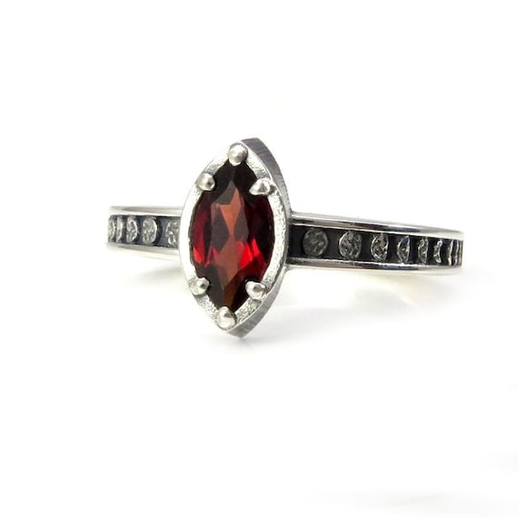 Garnet Marquise Moon Phase Sterling Silver Solitaire Engagement Ring - Choose your Center Stone