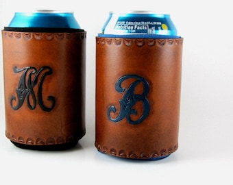 Monogrammed Leather Can Holder Personalized Custom Made to Order Groomsmen Gift Hand Tooled Leather Bridesmaid Gift Beer Beverage Holder