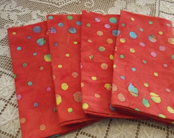 Set of Four Handmade Orange Batik Fabric Napkins With Yellow, Green and Blue Dots, Cotton Napkins, Cloth Napkins, Dinner Napkins