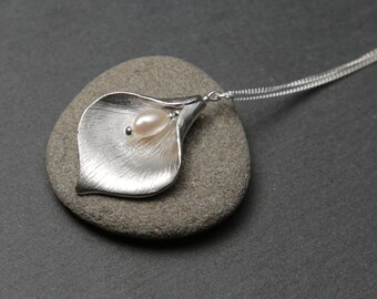 Silver Lily Necklace with Freshwater Pearl. Silver Pearl Necklace. Silver Flower Necklace. Silver Pendant Necklace.
