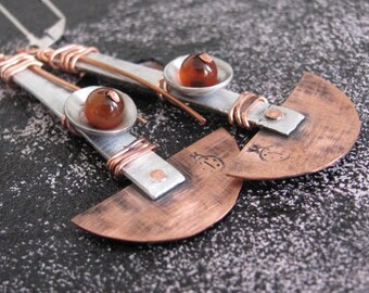 Copper Jewelry Earrings, Mixed Metal Earrings, Hammered Earrings, Geometric Earrings, Modern Earrings, Drop Earrings, Rustic Metal Earrings