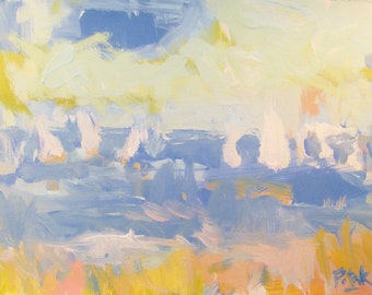 Blue Seascape painting with sailboats, seaside beach scene, abstract seaside art in blue ocean, Russ Potak Artist