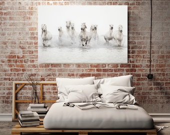 Horse Art on Canvas, Horse Decor, Wall Hanging, Living Room Decor, White Home Decor, Minimalist Bedroom Decor "Power of 10"
