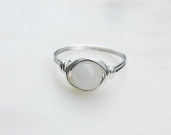 Moonstone Ring, Sterling silver ring, Wire wrapped, Moonstone, Crystal, White stone, Gemstone ring, Silver ring, Natural stone, Gift