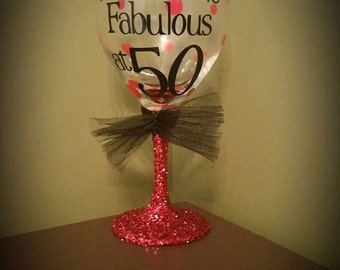 50th BIRTHDAY Personalized Glitter Stemmed Wine Glass FAVORS