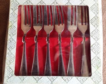 Set of 6 vintage EPNS Sheffield 3-prong pastry / cake forks original box